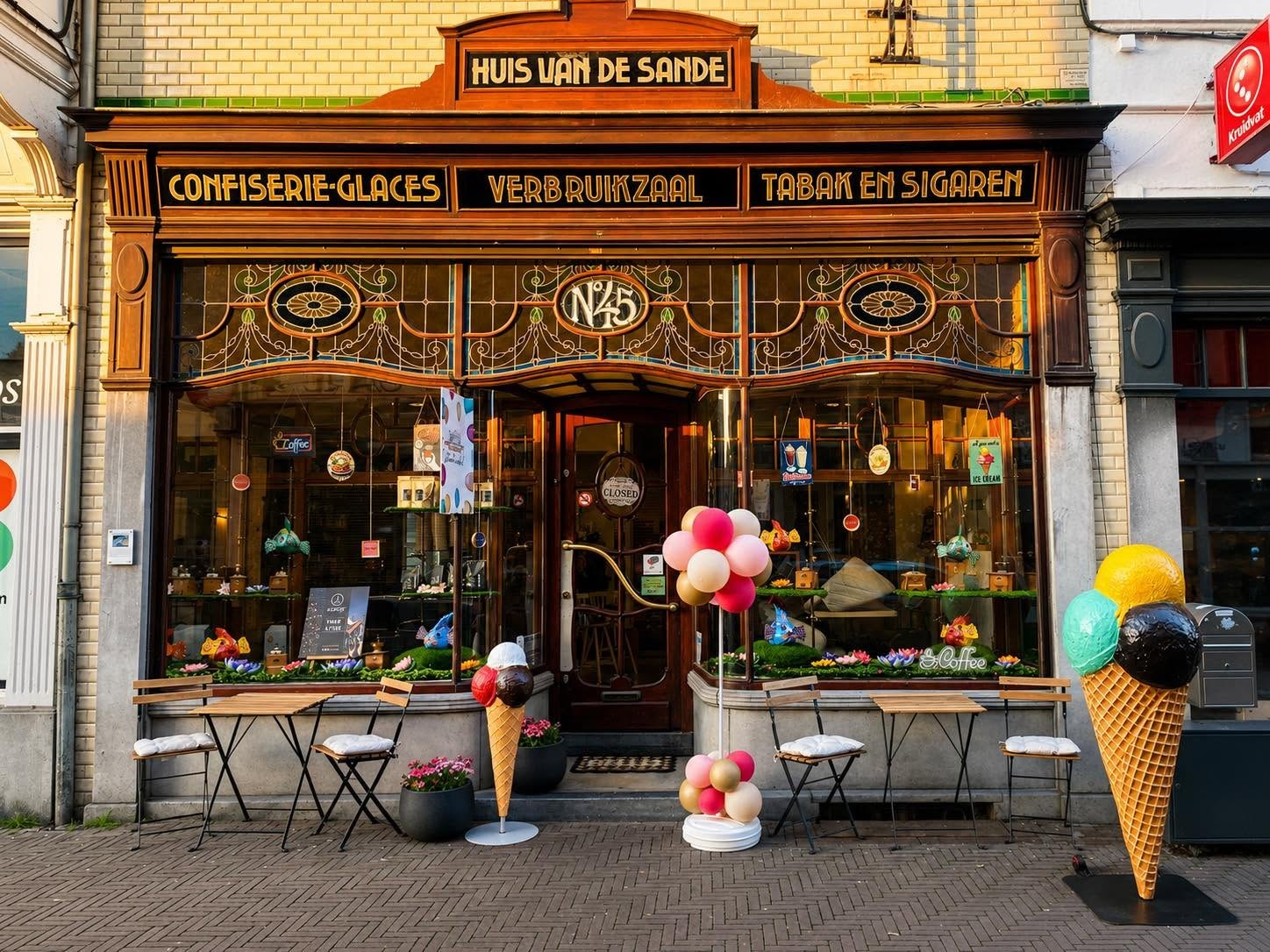 De gevel van Huis Van de Sande in de Stationsstraat in Zottegem, met terras en de art-nouveauwinkelpui